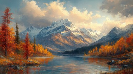 Obraz premium Mountain Landscape Autumn Scenery River Elements Art Vintage Retro Collection