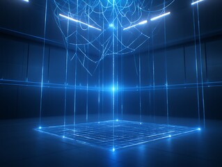 Futuristic blue network data visualization in dark room.