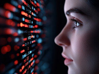 Close up of woman gazing at digital data, reflecting curiosity and intrigue
