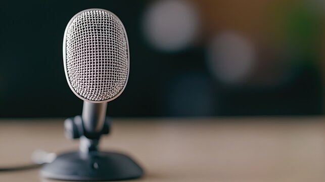 Close-up of a microphone on a desk, podcasting setup, blurred background