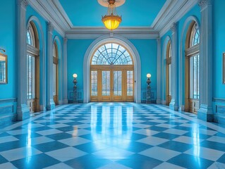 Fototapeta premium Grand blue hall interior with checkered floor, arched doorway, outdoor view