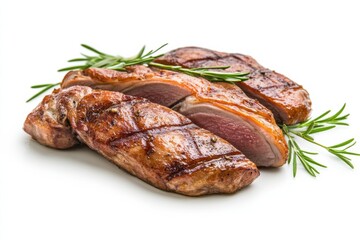 Deliciously grilled duck breast fillets showcased with fresh herbs on a bright white surface for culinary delight