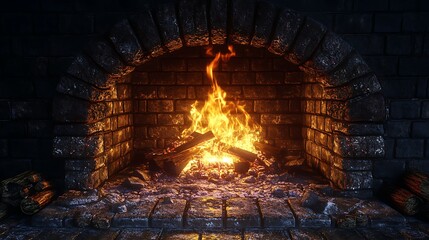 Fire in the chimney of an old house on a winter day