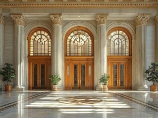 Fototapeta premium Grand hall interior with ornate wooden doors, marble floor, columns, and arched windows