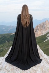 Naklejka premium Woman in black cape sits on mountain top overlooking valley