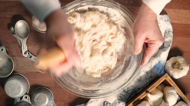 Making garlic bread with simple ingredients like flour, yeast, water, salt and garlic.  Mixing, kneading and baking garlic bread in loaves.  Baking and making bread.