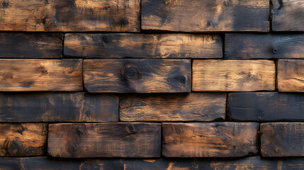 The wall is made of wood and has a black and brown color. It is a very old wall with a lot of character and history. The wood is weathered and has a rough texture, giving it a rustic and natural feel