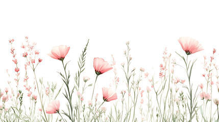 Watercolor Painting of Delicate Pink Wildflowers in a Meadow