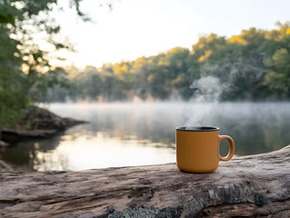 steaming cup of coffee by tranquil lakeside at dawn, surrounded by mist