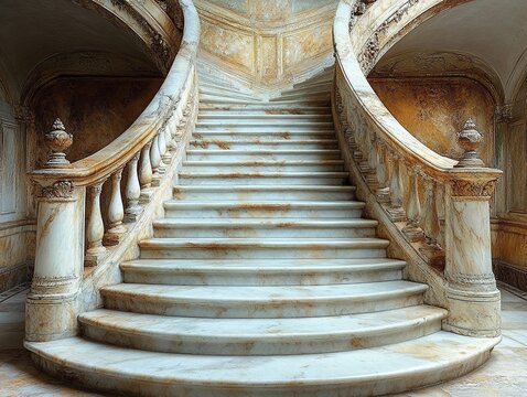 Grand marble staircase in ornate building with curved walls