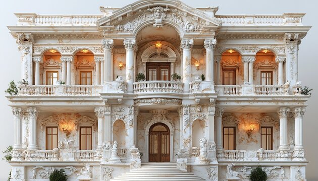 Grand mansion exterior, lit balconies, ornate facade, white background, architectural render