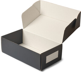 close-up of empty black rectangular cardboard box with opened lid isolated white background, small white blank label on the side, mock-up template