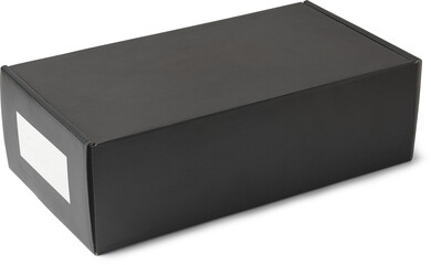 close-up of black rectangular cardboard box isolated white background, small white blank label on the side, mock-up template