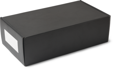 close-up of black rectangular cardboard box isolated white background, small white blank label on the side, mock-up template
