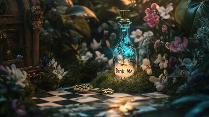 A whimsical Alice in Wonderland setting featuring a chessboard floor, a golden key resting on moss, and a glowing "Drink Me" bottle surrounded by flowers