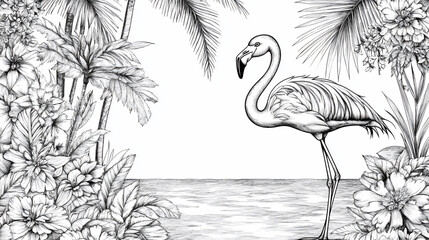 Fototapeta premium Flamingo in tropical paradise, black and white illustration.