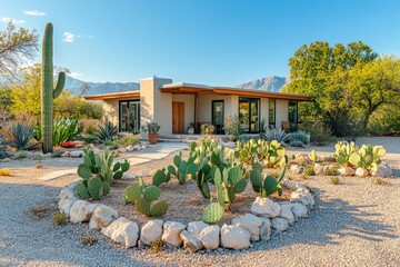 Beautiful desert landscaping surrounding a modern southwestern home