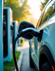 Eco power. Modern electric car getting electricity from renewable energy sources, car charging process close-up