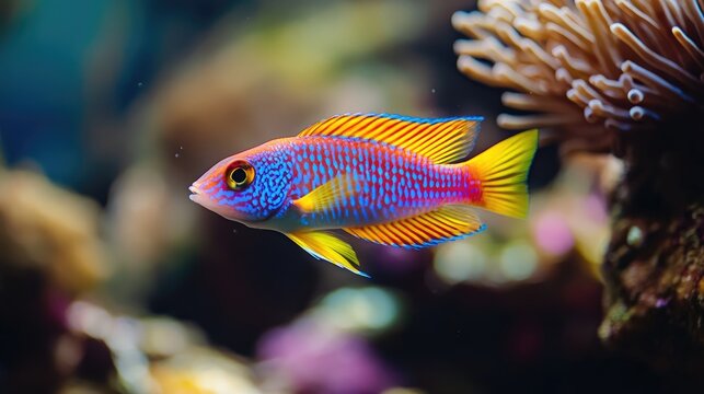 Colorful royal dottyback fish swimming near coral reef