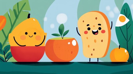Cheerful Cartoon Characters with Fruits in Vibrant Nature Setting