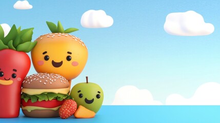 Cute Cartoon Food Characters with Happy Faces and Colorful Background