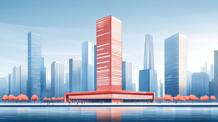 Obraz premium Modern cityscape with red skyscraper and trees