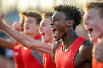 Fototapeta premium Track and field team cheering as a teammate crosses the finish line