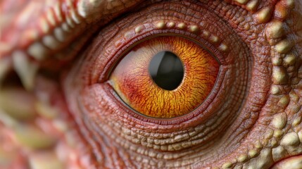 The Eye of the Beast: A mesmerizing close-up of a reptilian eye, the fiery orange iris and black pupil capturing a primal intensity.