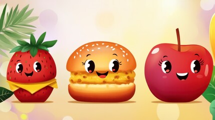 Cute Cartoon Fruits and Burger Characters with Happy Expressions