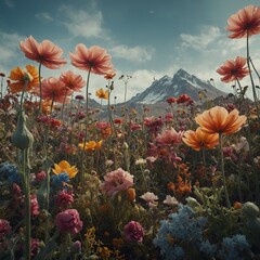 A surreal flower landscape with oversized blooms towering over tiny creatures.