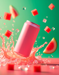 Pink aluminum can mockup with dynamic water splash and diced watermelon and strawberries, beer or soda drink package
