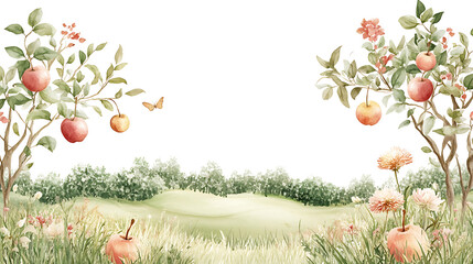 Watercolor Painting of Peaceful Apple Orchard in Springtime