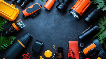 Stylish arrangement of various headlamps and flashlights on dark background, surrounded by green foliage, showcasing outdoor gear and accessories for adventure enthusiasts
