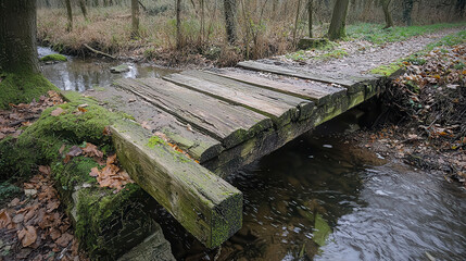 Weathered wooden bridge crossing small stream in tranquil forested area