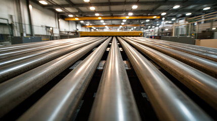 Fototapeta premium Low angle shot of conveyor belt rollers gliding smoothly in factory