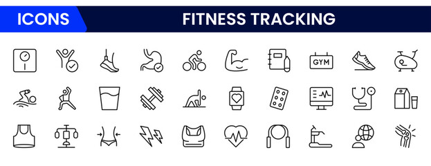 Fitness Tracking Icon Set. Clean and modern icons for fitness, wellness, and medical apps, perfect for tracking workouts, nutrition, and overall well-being in a user-friendly way.