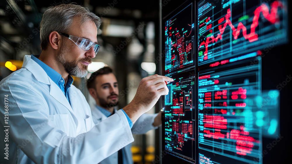 Fototapete business team analyzing market data on large digital screen, showcasing graphs and statistics. atmosphere is focused and professional, highlighting teamwork and technology
