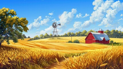 Picturesque Midwest Farm Scene with Golden Wheat and Windmill