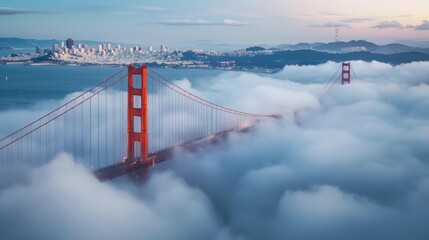 Fototapeta premium Misty Golden Gate Bridge Overlooking City Skyline at Dawn