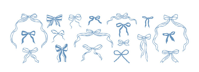 Hand drawn blue bows collection. Whimsical illustration	