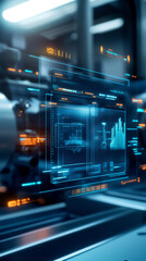 Obraz premium A futuristic display shows data analysis and graphs, featuring glowing elements, set in a high-tech environment.