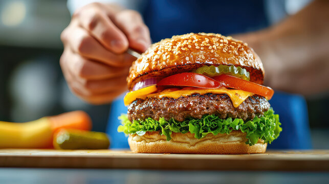 chef preparing gourmet burger with fresh ingredients, including lettuce, tomato, and cheese, showcasing culinary skills and attention to detail - Powered by Adobe