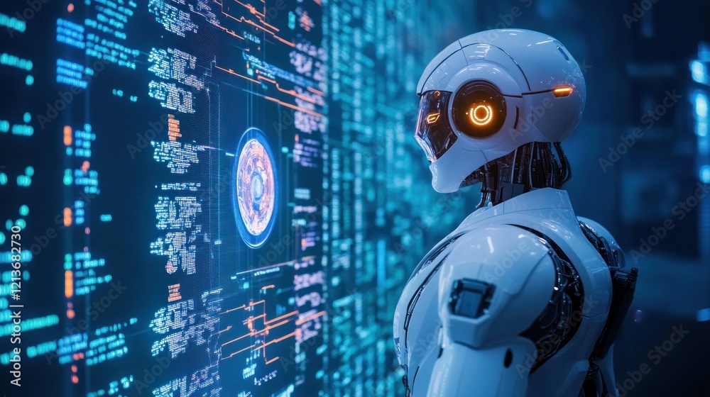 Poster robot analyzing data on futuristic screen