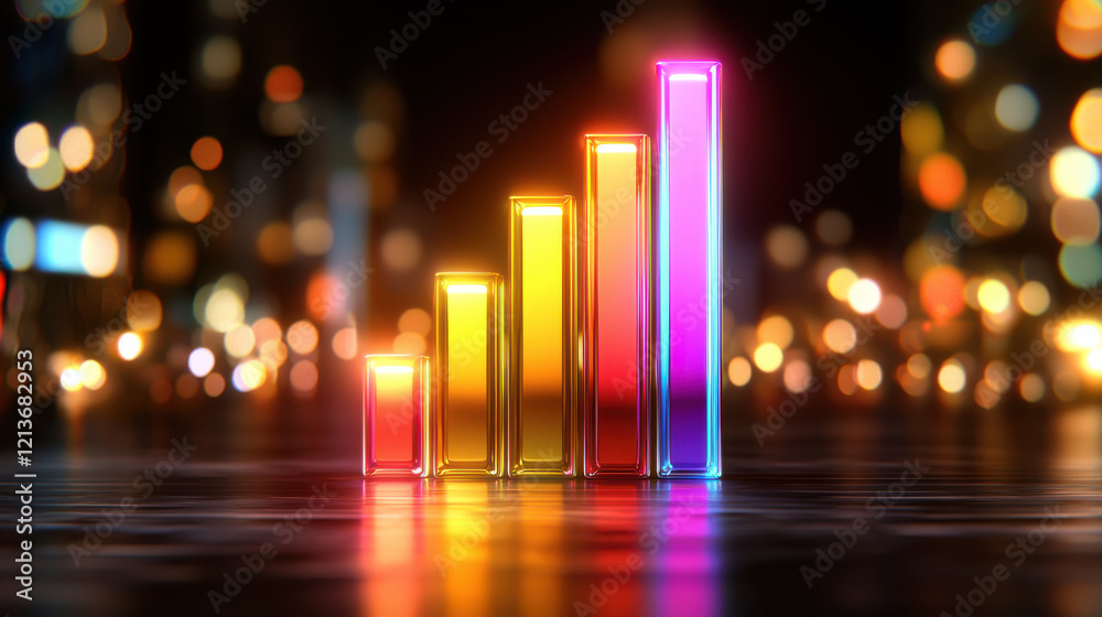 Poster vibrant 3D glowing bar chart in colorful tones, representing growth and progress against blurred city background. bars transition from yellow to red to blue, creating dynamic visual effect