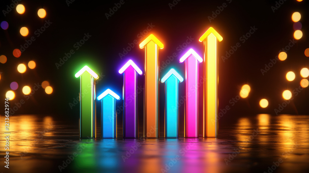 Aufkleber vibrant 3D glowing bar chart with colorful upward arrows representing growth and progress. background features soft bokeh lights, enhancing dynamic feel of image