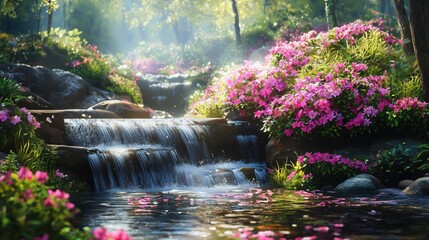 Naklejka premium Bubbling Brook Surrounded by Vibrant Spring Flowers