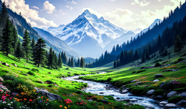 Nature’s Masterpiece Green Valleys, Flowing Rivers, and Majestic Mountain Views - Powered by Adobe