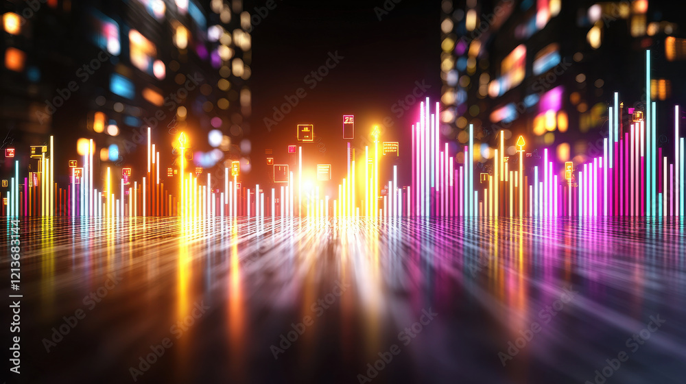 Aufkleber vibrant 3d glowing bar chart with upward trend, showcasing colorful data visualization against dark 