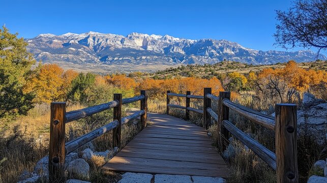 Wooden footbridge leading to majestic snowy mountain range in autumn