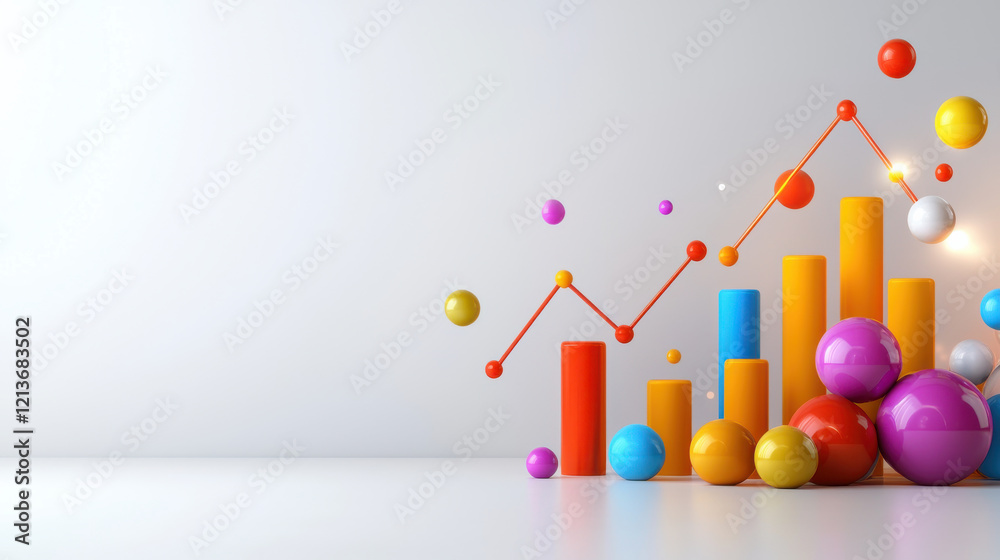Poster colorful 3d bar graph with vibrant spheres and rising line chart, symbolizing growth and success in 